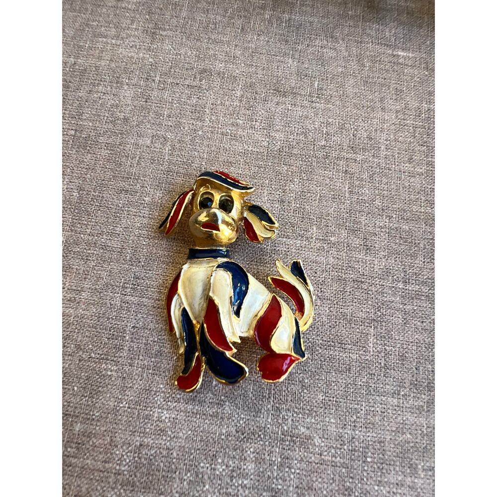 Vintage Patriotic Red White Blue Painted Enamel Dog Pin Brooch Americana Canine